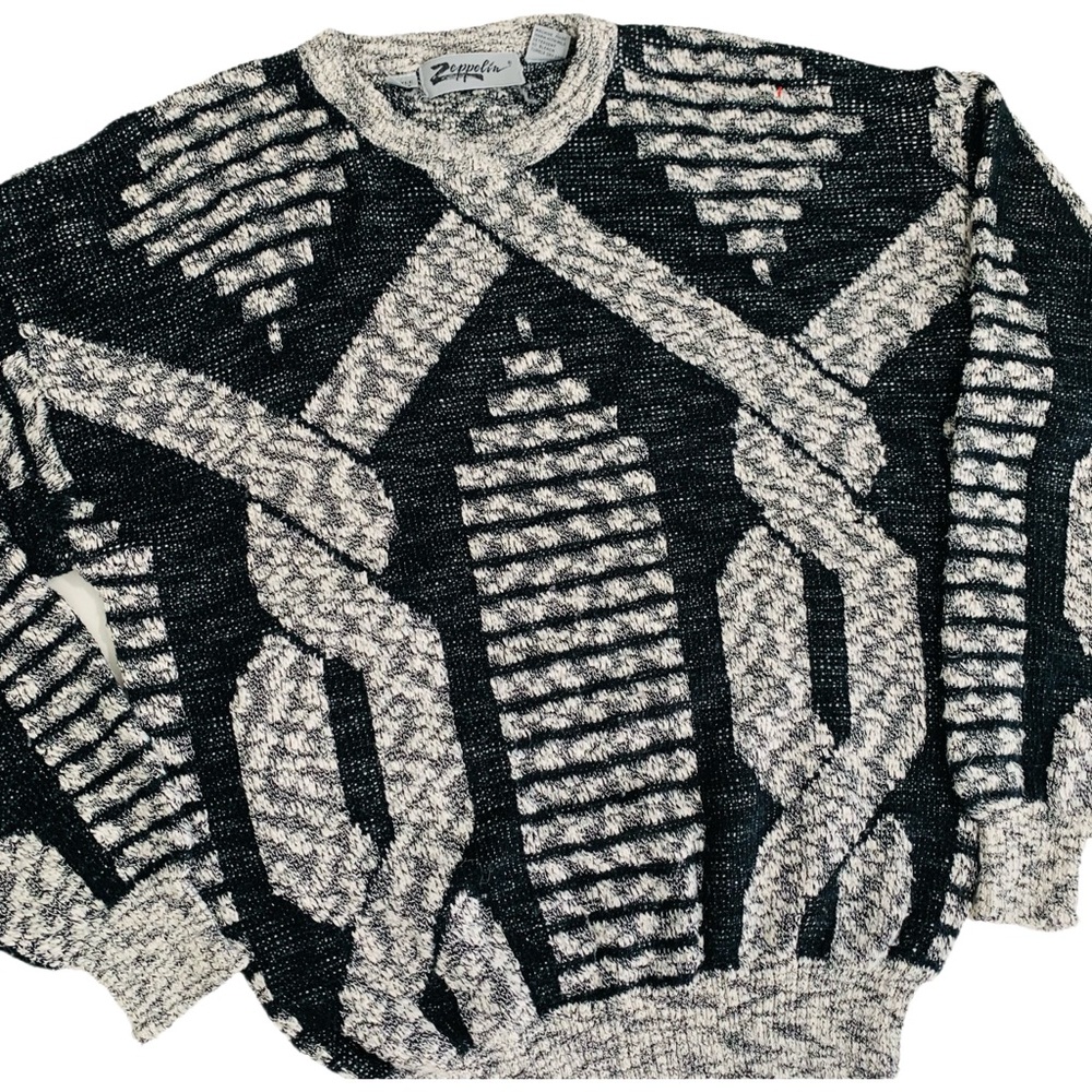 Vintage 80s Zeppelin Abstract Pullover Crewneck Black White Sweater Size Medium
